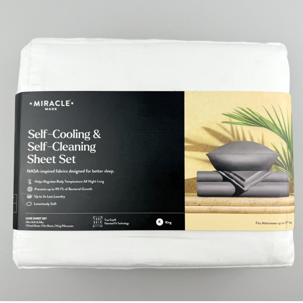 Miracle Made King Luxe Sateen Sheet Set White Self-Cooling Self-Cleaning
